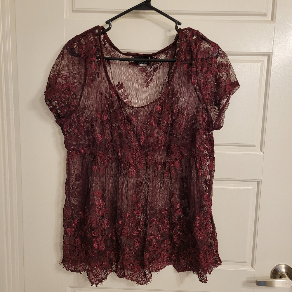 Torrid Maroon Lace Peplum Shirt